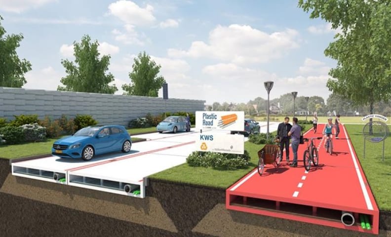 Иллюстрация с проектом пластиковых дорог. В разрезе показаны две дороги: слева - белая для автомобилей, справа - красная для пробежки и велосипедов. В разрезе видно, что внутри дорога полая, и внутри отделений между ребрами жесткости проходят трубы и провода.